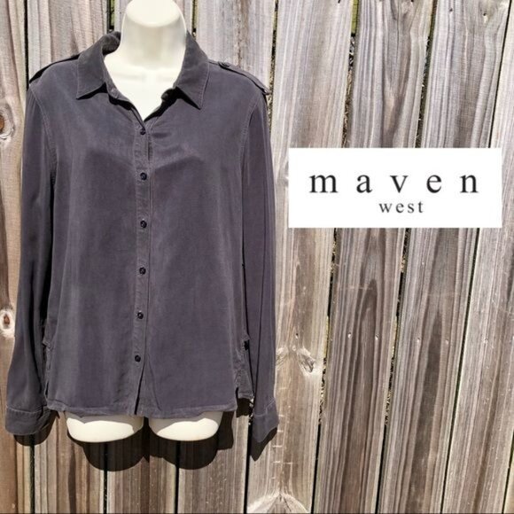 Anthropologie Maven West Medium Gray Button Down Top Blouse Ruffle Shirt Long Sl - Picture 2 of 9